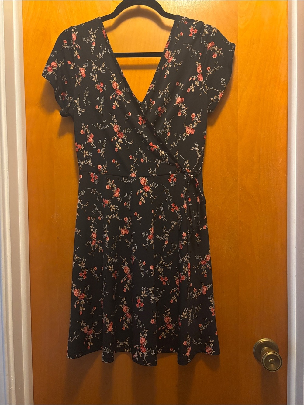 Kaileigh Black Midi Wrap Dress with Pink Floral Print